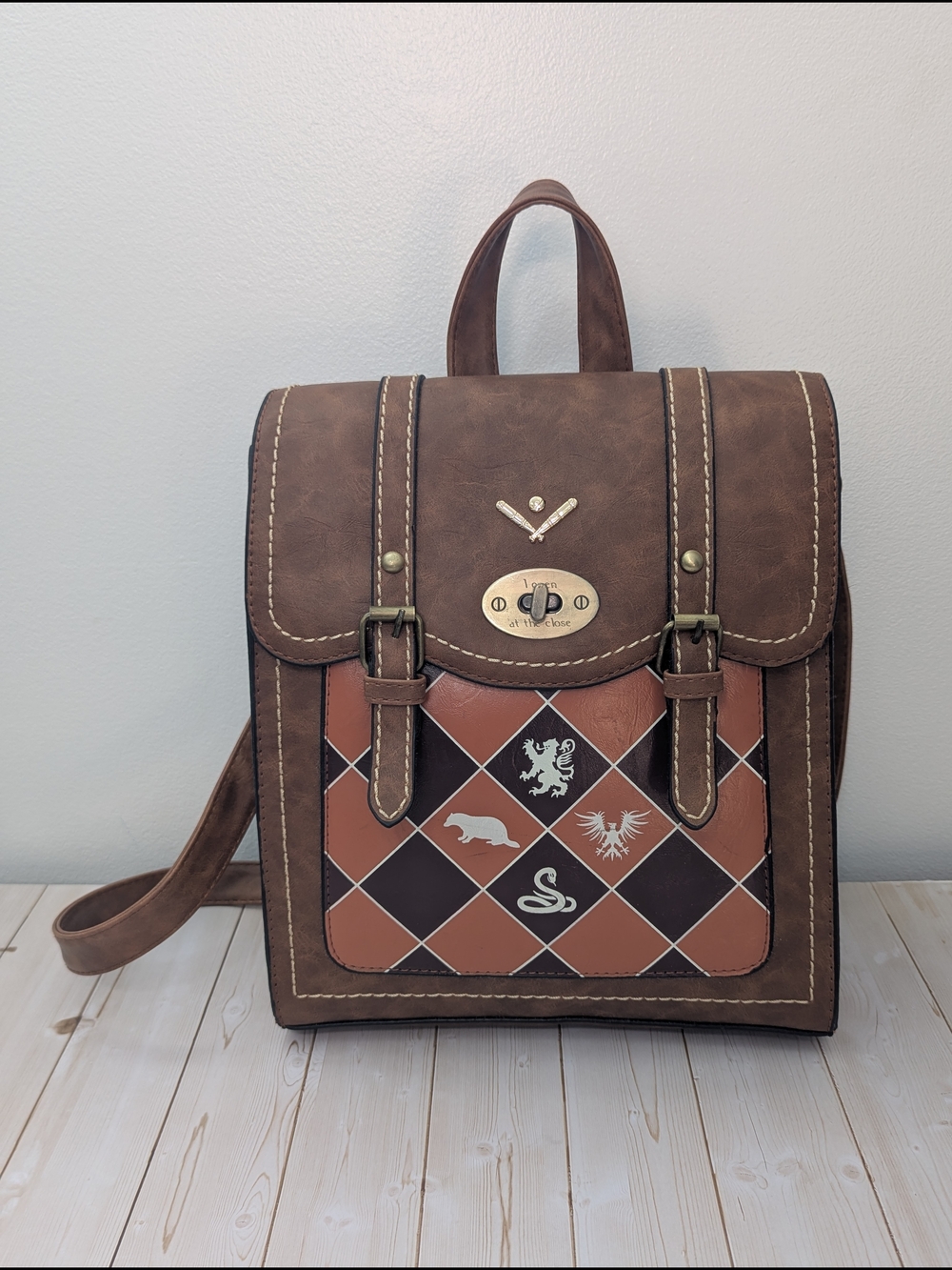 Brown Faux-Leather Women’s Backpack with Patterned Front Panel